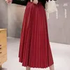 Saias coreanas de couro pu fomens elegantes mulheres altas saia plissada Lady Long Solid Midi Faldas Mujer Moda