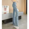 Jeans femininos calças de jeans de tamanho grande 2022 Mulheres Pocket Pocket Long Sexy Pesada Indústria larga Limpa lateral fino do lado aberto Botão de streetwear