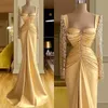 Şampanya Altın Denizkızı Uzun Kollu Boncuklu Dantel Leke Vestidos De Gala Arapça Balo Durumu Elbise