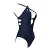 Women's Swimwear 2022 Women Deep V-neck Bodysuit Swimsuit Navy Solid Color Sleeveless Summer Slim Monokini Vintage Bathing Suit