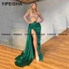 Вечеринка платья Yipeisha High воротник две куски выпускные платья иллюзия лиф -лиф блеск вечернее платье с длинным рукавами боковая щель зеленого платья для вечеринки длинные 220923