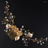 Headpieces Gold Crystal Rhinestone Flower Leaf Wedding Hair Comb Headband Handmade Pearl Bridal Headdress Party Accessories