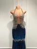 Robes de soirée ajustées longues robes de bal sexy Sheer Top dentelle perlée scintillant bleu marine filles noires africaines image réelle robes de gala de bal 220923