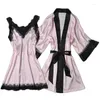 Vêtements de nuit pour femmes rose 2 pièces Floral évidé dentelle chemise de nuit femmes chemise de nuit Lingerie robe Spaghetti sangle dormir