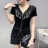 Women's T Shirts Summer Black Short Sleeve Shirt Women Diamonds V-neck Zipper Womens Tee Spliced Mesh Slim Tshirt