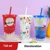 Vasos de plástico creativos de Navidad que cambian de color frío, vaso de jugo de decoración navideña con tapa y pajita