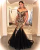 Modern Off Shoulder Tulle Mermaid Evening Dresses Zipper Back african aso ebi Prom Dresses With Gold Sequins