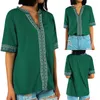 Blusies femininas 2022 Mulheres Summer Summer Jumper Ethnic Bordery Stitching Blouse Casual de Half Sleeves de Gola