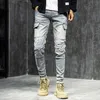 Men's Jeans Skinny Biker Men Multi pocket Cargo Pants Vintage Wash Punk Patchwork Frayed Little Feet Male Branded Denim Trousers 220923