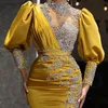Aso Ebi Glitter Beaded Sheath Evening Dresses Long Sleeves Sexy Side Split Satin Party Prom Gown High Neck Arabic Special Occasion Wear