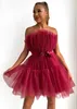 Casual Dresses 2022 Sweet Cocktail Party Dress Women Ax trailes Bowknot Tulle Organza Homecoming Dress Pink Kne Length Dress Fld-462 Y2209