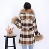 Women s Fur Faux MaoMaoKong plaid ladies coat leather raccoon oversized fur collar double breasted winter pie overcoming female blazer 220926