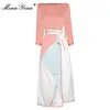 Casual Dresses MoaaYina Fashion Designer Summer Skirts Suit Women's Pink Loose Pullover Tops and Slim Midi Stripe Two Pieces Set 220923