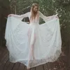 Casual Dresses White Sweet Solid Women Long Maxi Dress Fall Flare Sleeve Deep V-Neck Mesh See-through Sexy Ladies