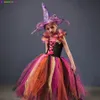 Speciella tillfällen Evil Witch Halloween kostym för flickor färg magisk klänning tutu klänning med hatt och kvast barn cosplay carnival party fancy klänningar 220922