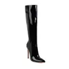 Bottes Sexy Cuir Verni Genou Haute Femmes Talons Minces Fermeture À Glissière Point Toe Blanc Rouge Fétiche Fête Longues Chaussures D'hiver