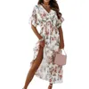 Casual Dresses Summer Women Dress Floral Print V Neck Ruffled Hem Elastic Waist Beachwear