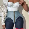 Shorts pour femmes Denim Lace Up Corsets Femmes Zipper Bleu Asymétrique Taille Haute Cravate Bandage Cummerbunds Ceinture Ceinture