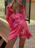 Casual Dresses Women Rose Red Satin Feather Decoration Lace-up Mini Dress Female Spring Fashion Chic High Street Pleated Irregular Hem Dress T220905