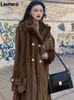 Damesjassen Lautaro Winter Lange Retro Luxe Elegante Warme Gradiënt Pluizige Faux Nertsenbont Trenchcoat voor Dames Double Breasted L2155056