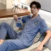 Men's Sleepwear Summer Cotton Short Sleeve Long Pants Pajama Sets Men Korean Loose Sleepwear Suit Pyjamas Male Lounge Homewear Home Clothes 220924