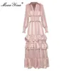 Abiti casual MoaaYina Fashion Designer Autunno Pink Stripe Lungo scollo a V da donna Manicotto a lanterna Elastico in vita Volant Elegante vacanza 220923