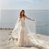 Chic Beach Mermaid Wedding Dress 2022 Light Champagne Lace Sexig backless Boho Country Bride Gowns V Neck Spaghetti Straps Brudklänning Robe de Mariage Kvinna