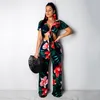 Kvinnors spårfamiljer Kvinnor Sexig V-ringning Kort ärm Bow Bandage Slim Top Wide Leg Pants 2 Piece Set Summer Female Elegant Casual Floral Print