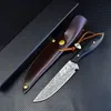 C9272 Survival Straight Knife 5Cr13Mov Laser Pattern Drop Point Blade Full Tang Wood Handle Fixed Blade Hunting Knives with Leather Sheath