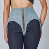 Damen-Shorts, Denim-Schnürkorsetts, Damen-Reißverschluss, blau, asymmetrisch, hohe Taille, Rückenbindung, Verband, Kummerbund, Bundgürtel