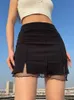 Saias Darlingaga Coreano Moda Frill Malha Patchwork Preto Mini Saia Verão Sólido Split Casual Bodycon Mulheres Saias Curtas Bonito 220924