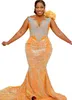 ASO 2022 EBI Mermaid de arabi vestidos de baile laranja de cristais de renda de renda para a noite de segunda recepção vestidos de noivado de aniversário ZJ897