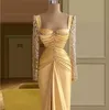 Designer Soirée 2023 Robes d'or manches longues paillettes satin volants plus taille col carré robe de bal vêtements de cérémonie sur mesure robes