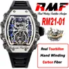 21-01 Real Tourbillon Aerodyne Hand Winding Mens Watch RMF Steel Carbon Fiber Case Skeleton Dial Black Rubber Strap Super Edition Puretime A1