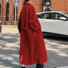 Laine des femmes hiver automne noël rouge noir lâche Long manteau veste ceinture laine pardessus coréen femmes fendu ourlet Cardigan vêtements d'extérieur XL