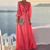 Casual jurken elegante vrouwen lantaarn mouw lange jurk sexy v nek solide maxi feestjurk mode solide twist hollow out splee geplooide jurken t220905