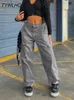 Spodnie damskie Capris Grey Cargo Spodnie dżinsy Women talia Slim Fashion Streetwear Army Big Pockets Y2K Vintage Baggy Denim Spodni kombinezon