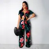 Kvinnors spårfamiljer Kvinnor Sexig V-ringning Kort ärm Bow Bandage Slim Top Wide Leg Pants 2 Piece Set Summer Female Elegant Casual Floral Print