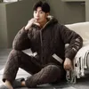 Men's Sleepwear Winter Thick Warm Men Coral Cashmere Hoodies Long Sleeve Mens Flannel Pajamas Set Loose Soft Male Lounge Homewear