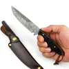 1Pcs C9272 Survival Straight Knife 5Cr13Mov Laser Pattern Drop Point Blade Full Tang Wood Handle Fixed Blade Hunting Knives with Leather Sheath