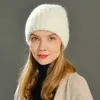 BeanieSkull Caps Wide Brim Hats Bucket Baggy Bonnet Beanies Female Rabbit Hair Knitted Winter Soft Striped Cashmere Beanie hat 220927