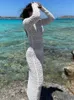 Casual jurken vrouwen uitgehold strand gebreide witte jurk vrouwelijke sexy backless mesh midi jurken 2022 zomer bodycon o-neck veter up dames gewaad t220905