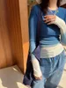 Kvinnors T-skjortor Sea Blue Pure Wool Tie-Dye Bottoming Shirt Top 2022 Fall/Winter Fashion Elegant Ladies Clothing Camping Y2K Clothe Straf