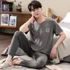 Men's Sleepwear Man's modal pajamas high quality homewear long striped pants short sleeved vcollar elegant badge printing cool summer pijamas 220924