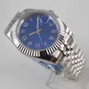 39mm Blue Dial Men Steel Case Watch 21 Jewels Miyota 8215 자동 손목 시계 플루트 베젤 브러시 Jubilee 스트랩