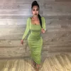 Casual Dresses WJFZQM 2021 Long Sleeve Square Collar Bodycon Ruched Green Maxi Dresses Autumn Winter Women Backless Pleated Party Club Clothing T220905