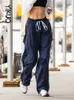 YIKUO Damen-Hosen, Caprihosen, blau, seitlich gestreift, Jogginghose, Y2K-Frauen, Baggy-Freizeithose, Hosen, Taschen, Schnürung, elastische Taille, sportliche Jogger, Streetwear, T220926