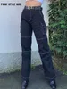 여성용 바지 Capris Grunge Black Alt Cargo Pants 사이버 Y2K 여성 큰 주머니 히피 헐렁한 청바지 90S 데님 솔리드 바지 ulzzang 엄마 낮은 허리 바지 T220926