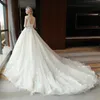 Scoop Neck A Line Wedding Dresses Backless 3D Spets Appliqued Cap ￤rmar Sweep Train Brudkl￤nningar Vestidos de ￤ktenskap