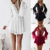 Robes décontractées Sexy col en V femmes printemps robe d'été à manches longues évasées mini crochet creux en mousseline de soie bandage 2022